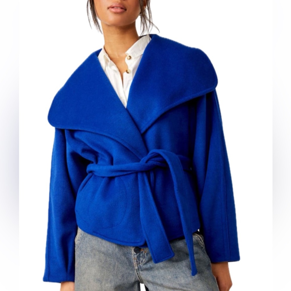 Free People Royal Blue Belted Peacoat Jacket